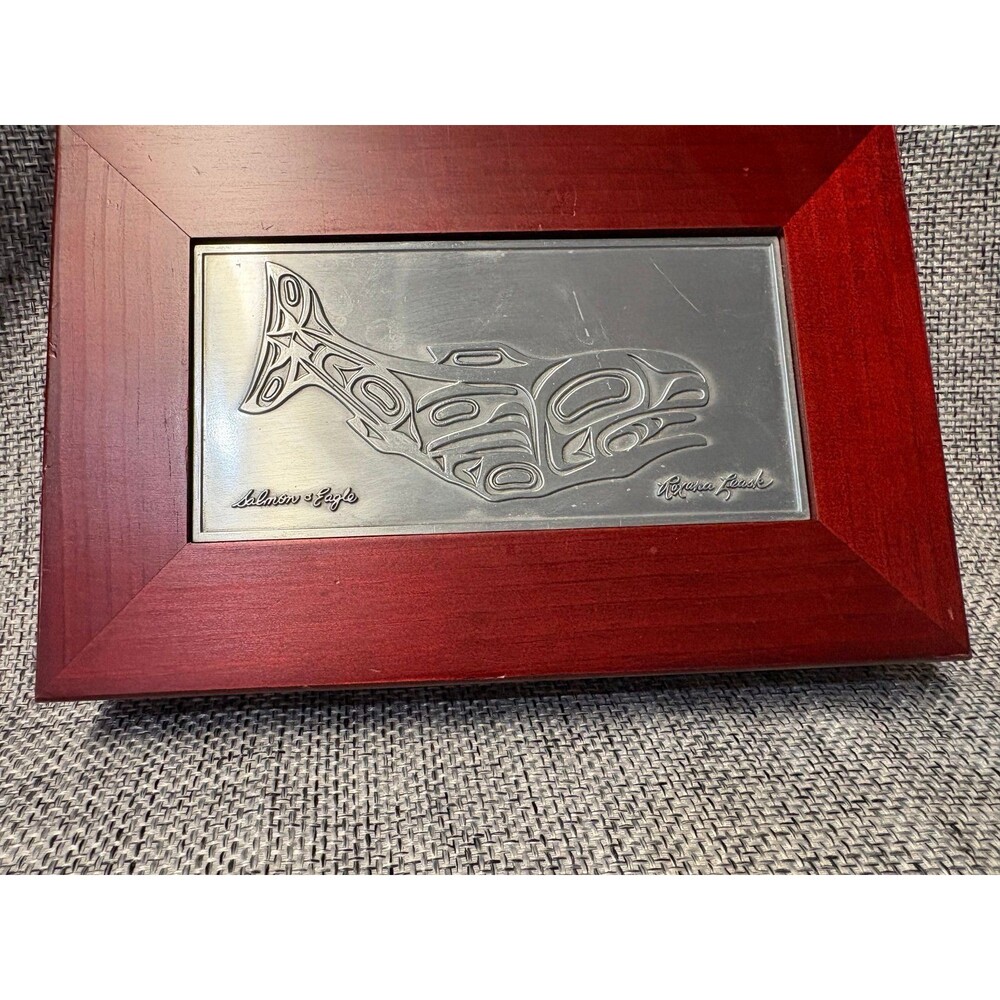 Roxana Leask Alaskan Art Salmon And Eagle Pewter Lid And Red Wooden  Box